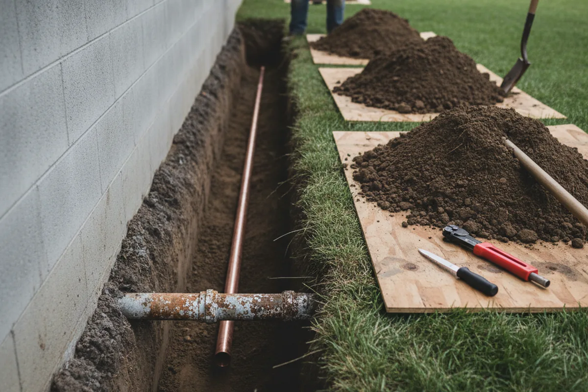 Excavated water line trench during Sewer Line Repair in Parkville
